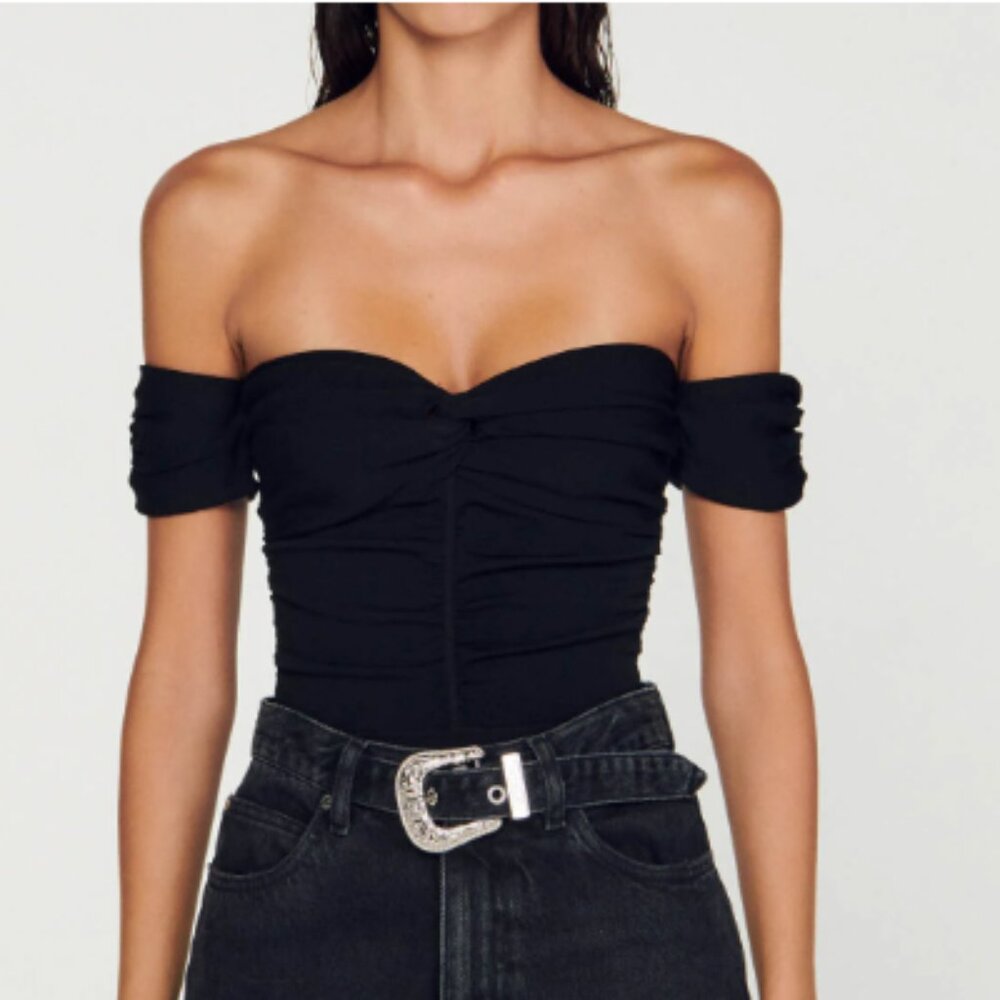 BRAND NEW WITH TAGS: Sandro Paris Open-Shoulder Bodysuit (Black) Size FR 0 / XS